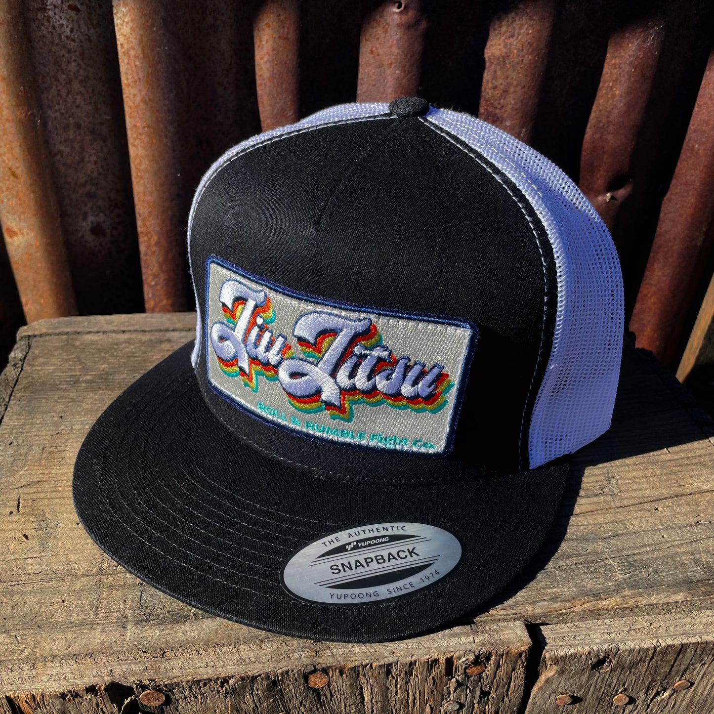 Retro Jiu-Jitsu Hat (black on white with retro patch) by ROLL & RUMBLE Fight Co.
