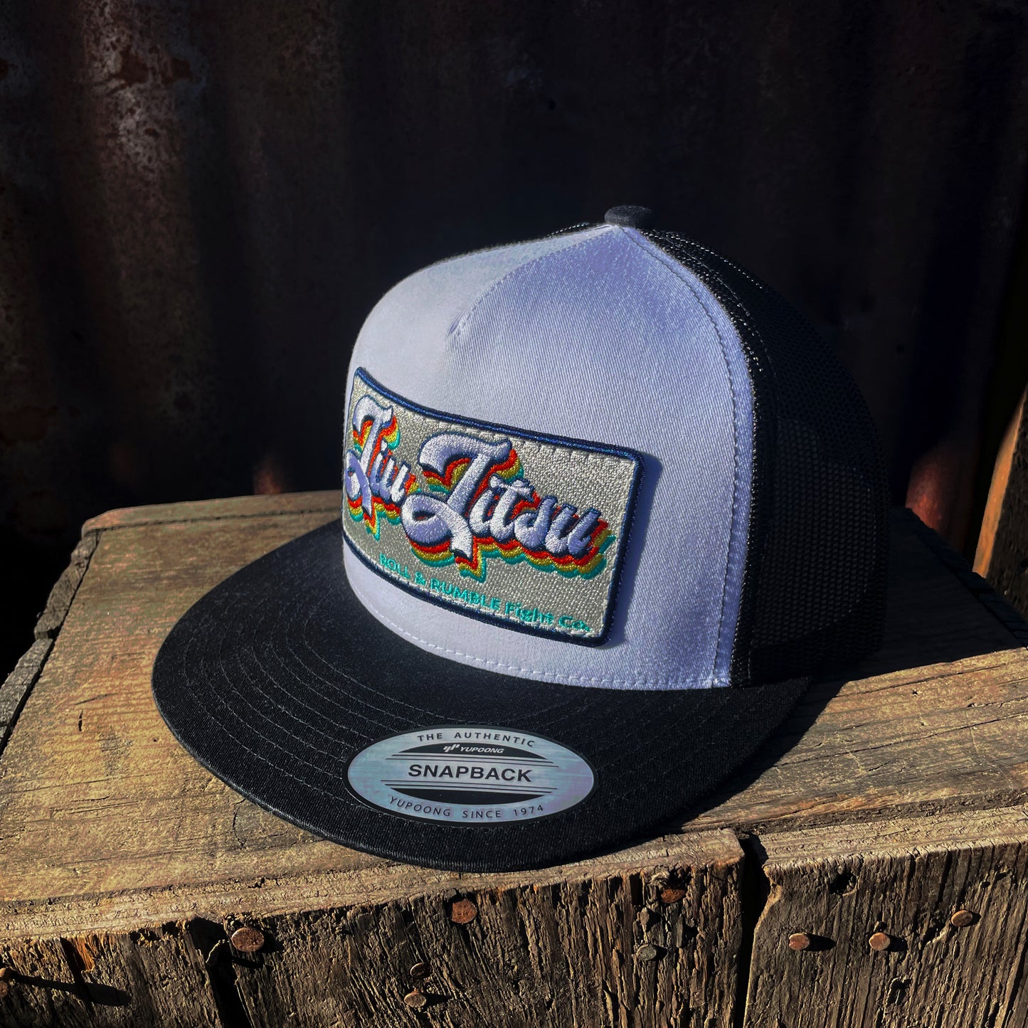 Retro Jiu-Jitsu Hat (white on black with retro patch) by ROLL & RUMBLE Fight Co.