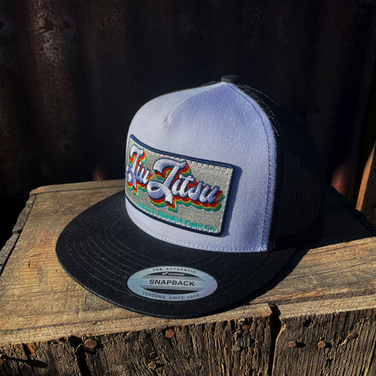 Retro Jiu-Jitsu Hat (white on black with retro patch) by ROLL & RUMBLE Fight Co.