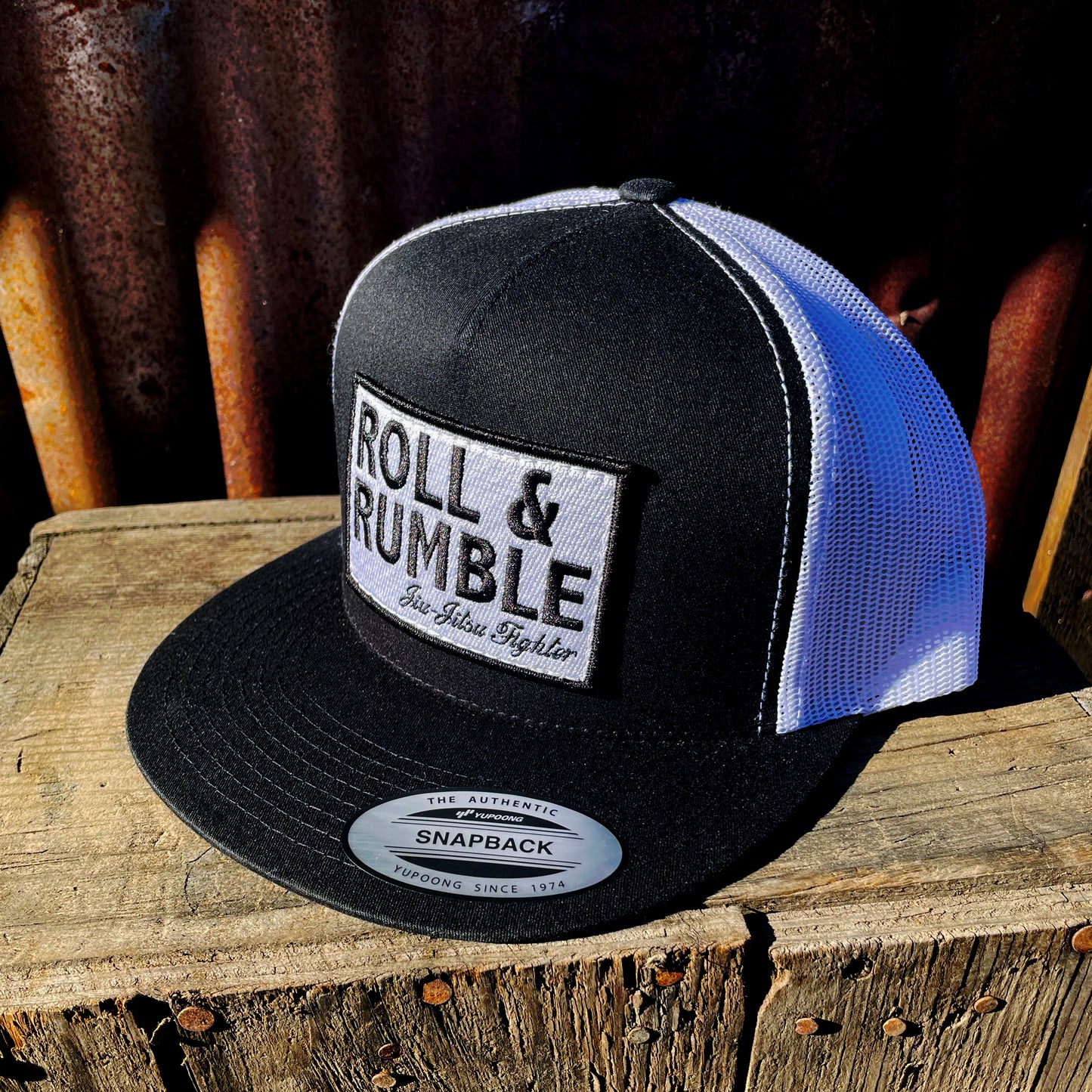 ROLL & RUMBLE Jiu-Jitsu Fighter Hat (black on white with black & white patch) by ROLL & RUMBLE Fight Co.