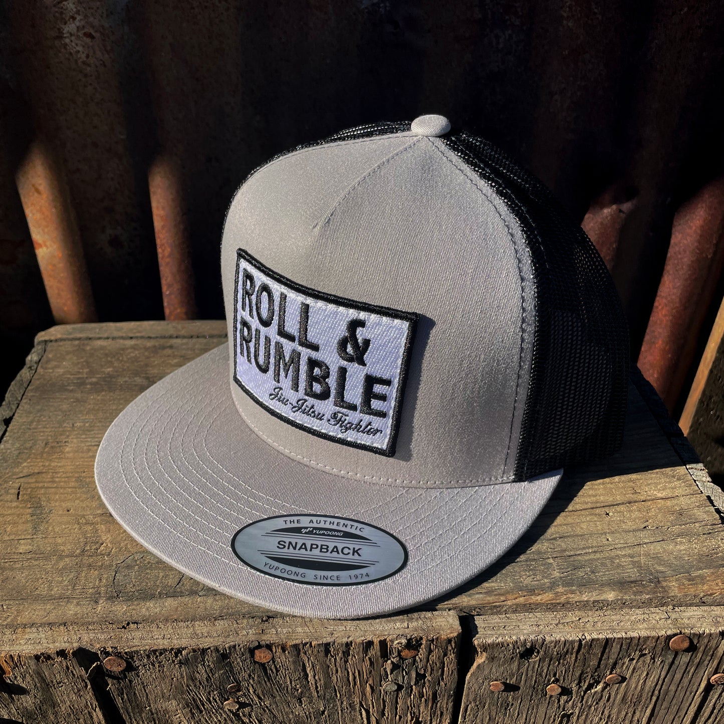 ROLL & RUMBLE Jiu-Jitsu Fighter Hat (silver on black with black & white patch) by ROLL & RUMBLE Fight Co.