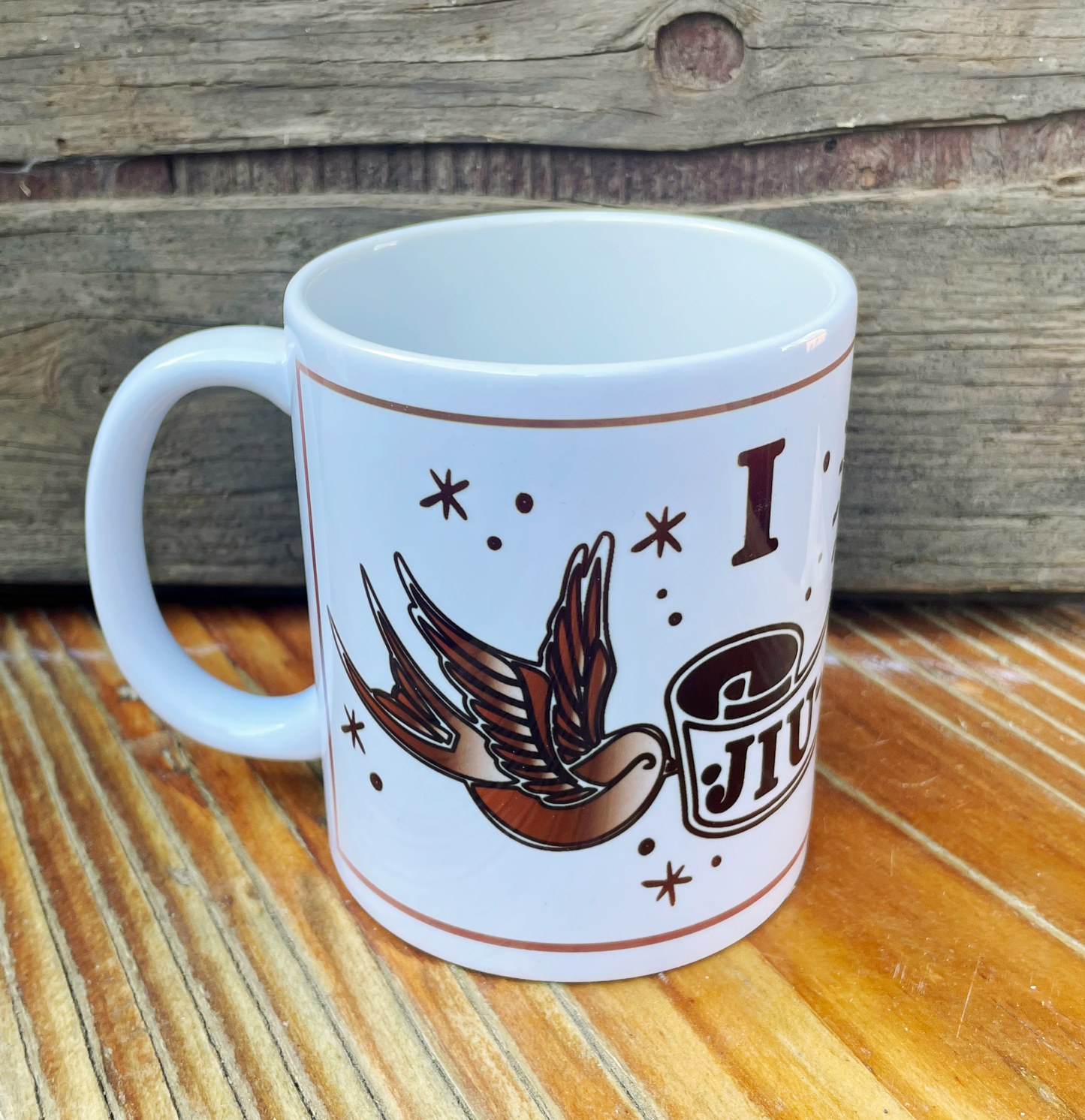 "I Love Jiu-Jitsu" Tattoo Flash-Inspired Custom Coffee Cup by ROLL & RUMBLE Fight Co.