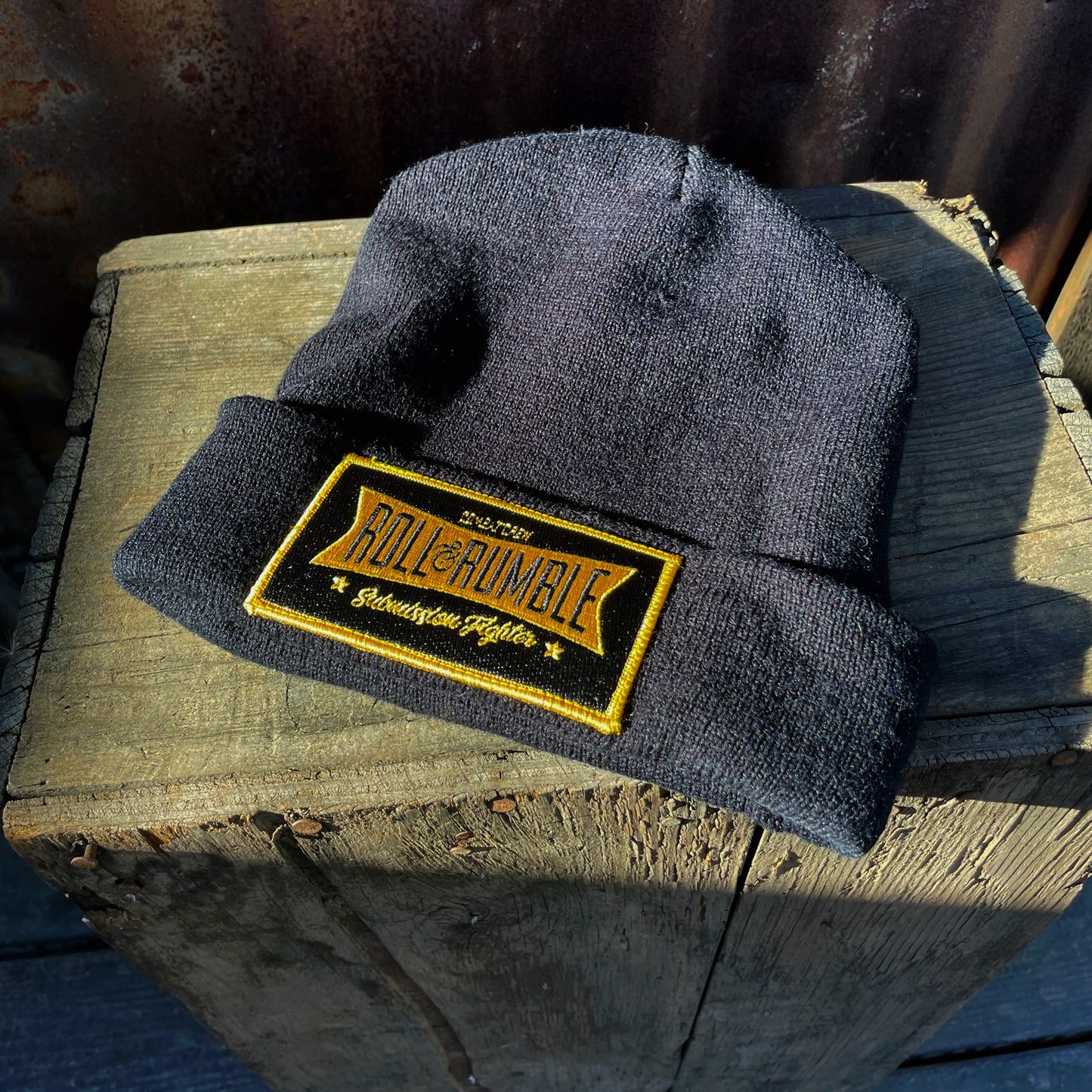 Jiu-Jitsu Beanie Hat-Black with Black & Gold Submission Fighter Patch by ROLL & RUMBLE Fight Co.