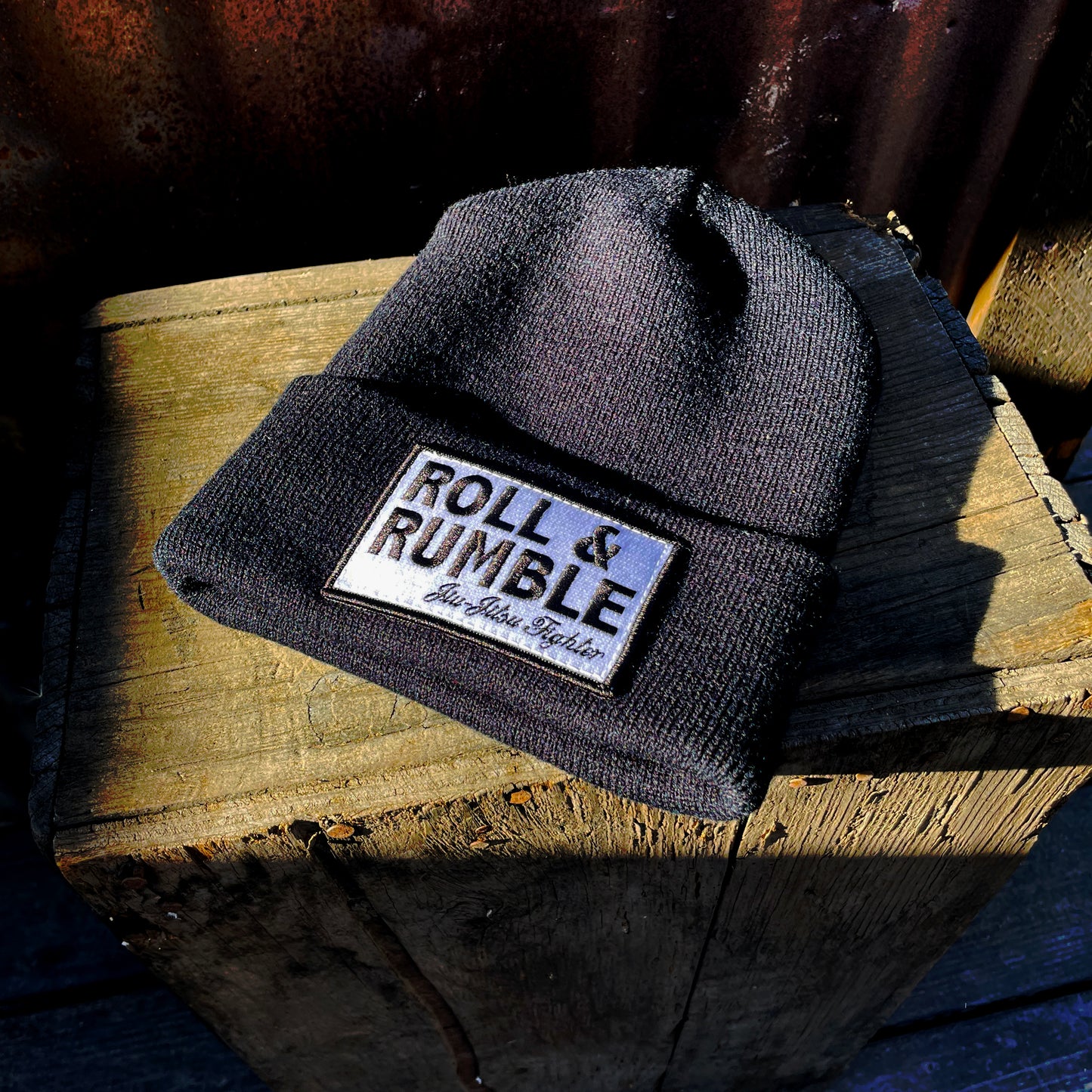 Jiu-Jitsu Beanie Hat-Black with Black & White Jiu-Jitsu Fighter Patch by ROLL & RUMBLE Fight Co.