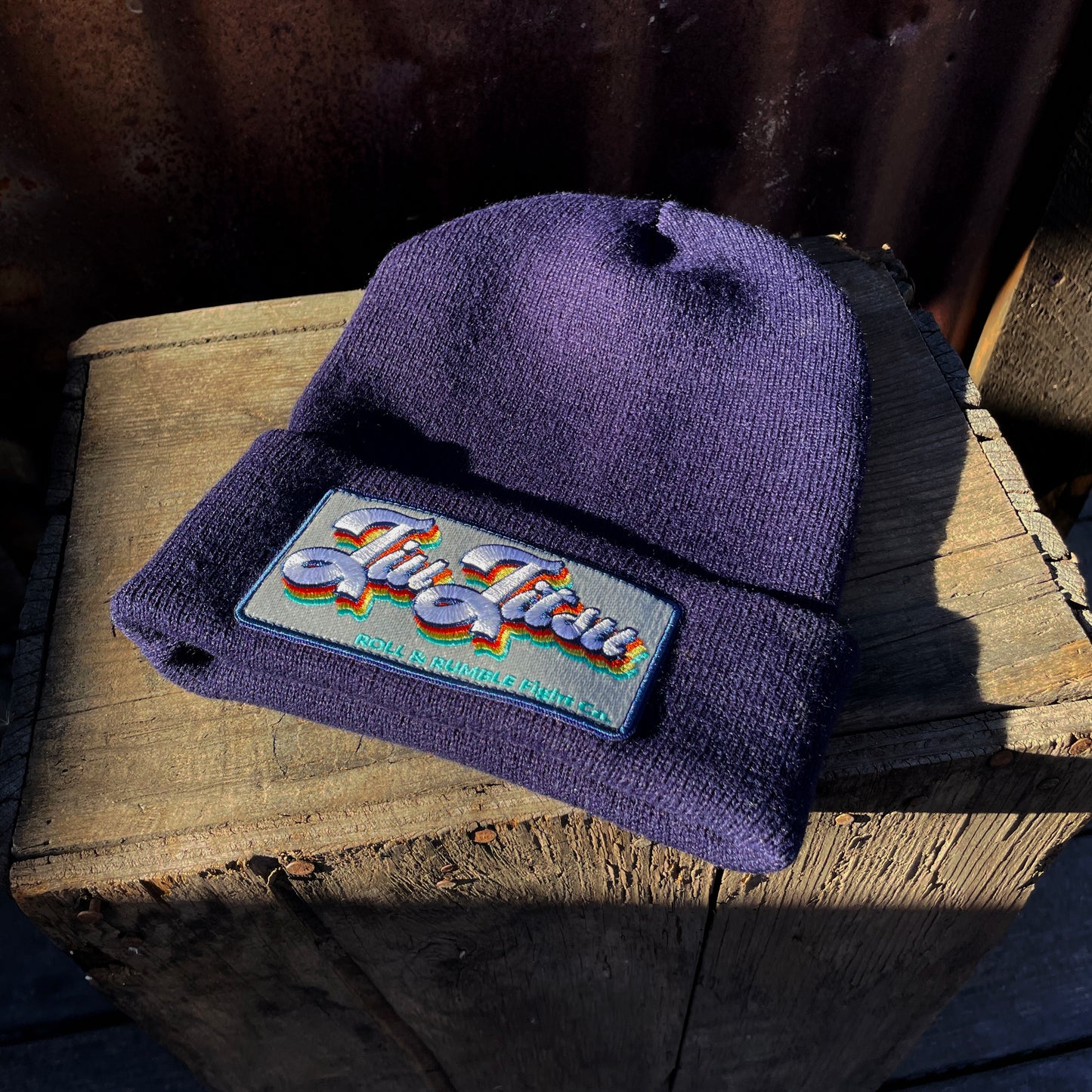 Jiu-Jitsu Beanie Hat-Dark Blue with Retro Multi-Colored Jiu-Jitsu Patch by ROLL & RUMBLE Fight Co