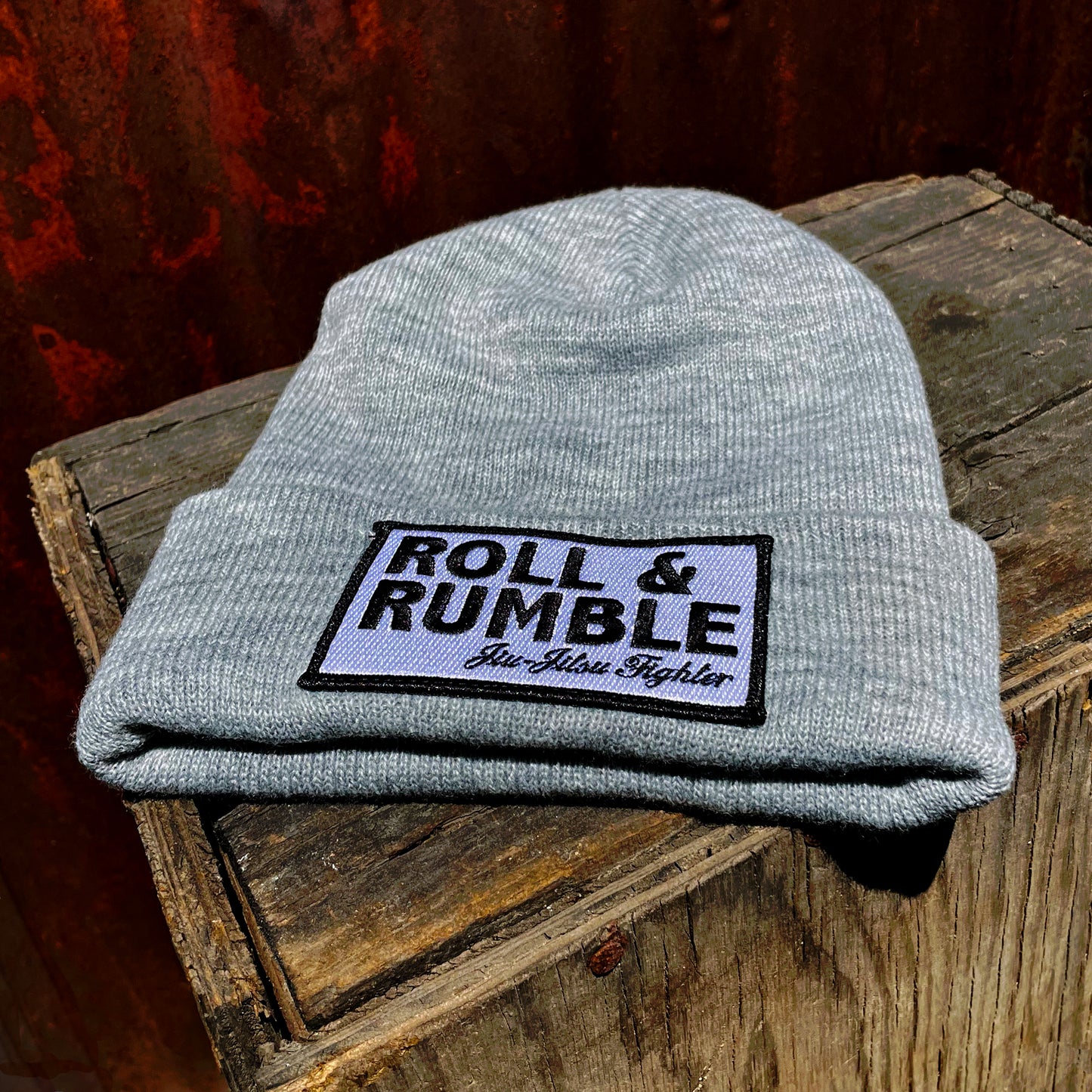 Jiu-Jitsu Beanie Hat-Gray with Black & White Jiu-Jitsu Fighter Patch by ROLL & RUMBLE Fight Co.