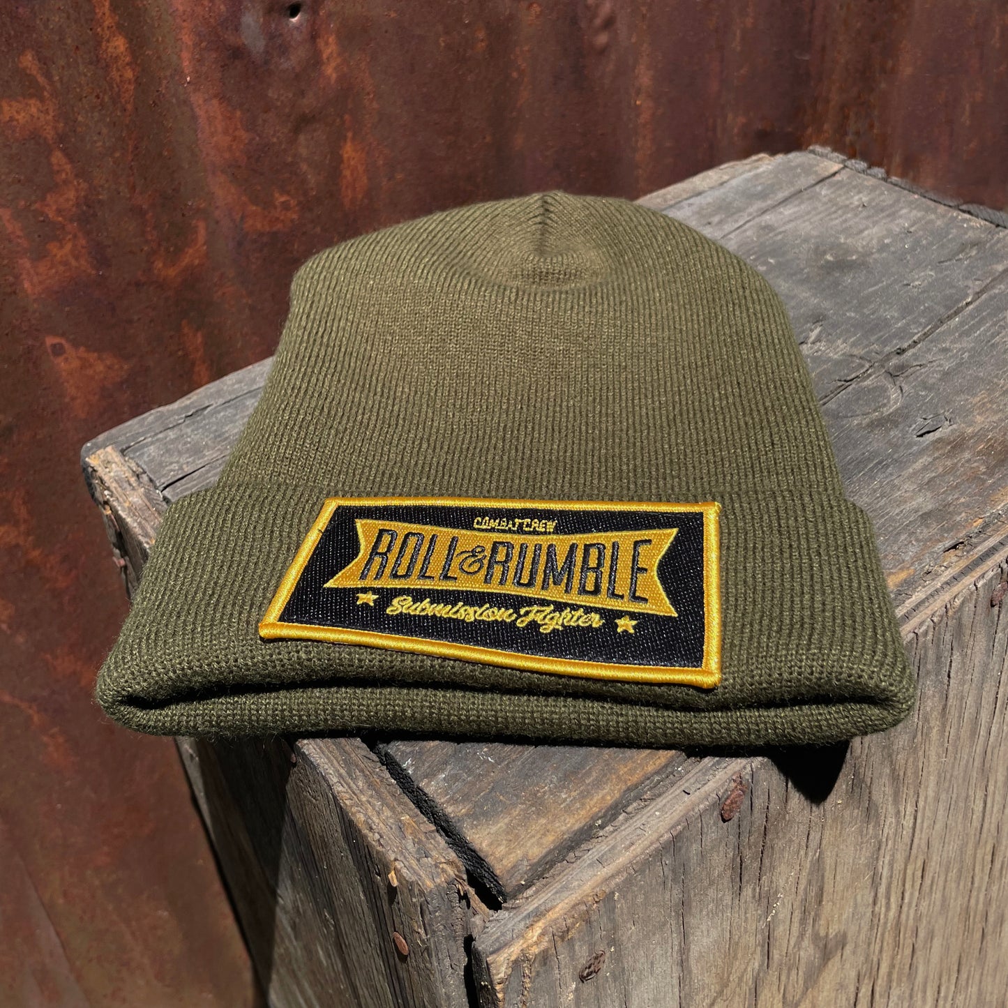 Jiu-Jitsu Beanie Hat-Olive Green with Black & Gold Submission Fighter Patch by ROLL & RUMBLE Fight Co.