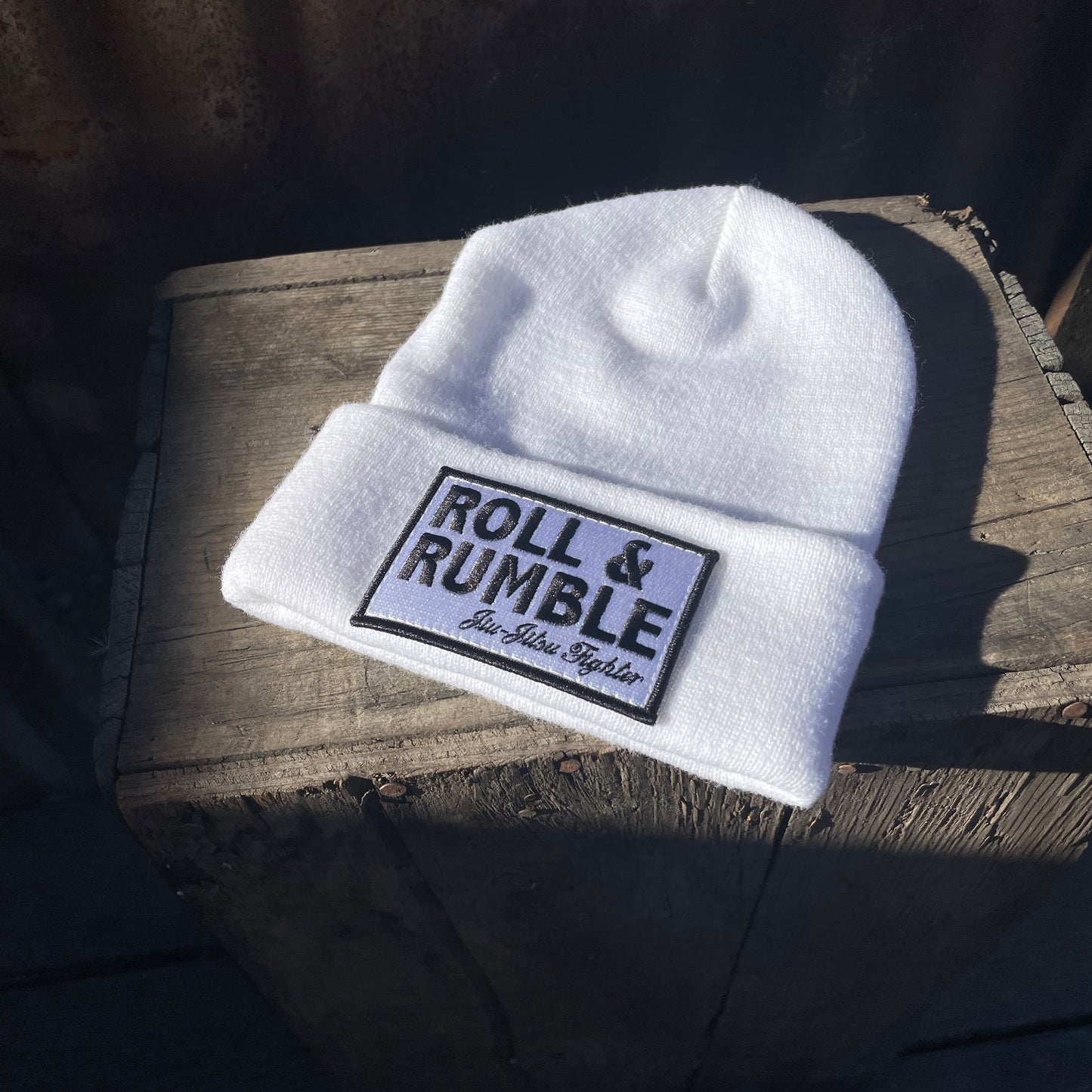 Jiu-Jitsu Beanie Hat-White with Black & White Jiu-Jitsu Fighter Patch by ROLL & RUMBLE Fight Co.