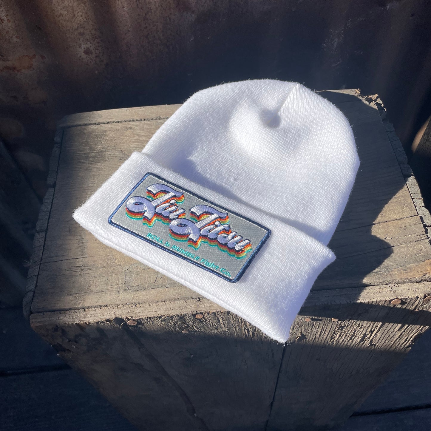 Jiu-Jitsu Beanie Hat-White with Retro Multi-Colored Jiu-Jitsu Patch by ROLL & RUMBLE Fight Co.