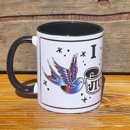 Sip in style with our "I Love Jiu-Jitsu" Coffee Cup, featuring a flash tattoo design like no other. Add a touch of martial arts flair to your morning routine!