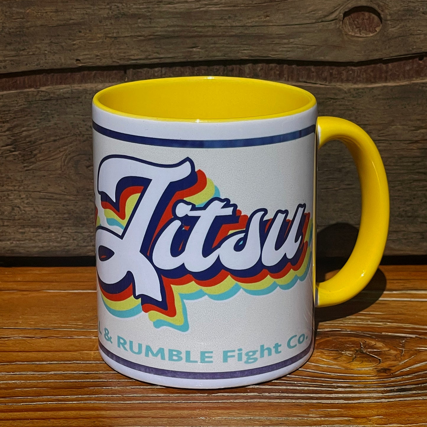 Indulge in nostalgia and style with our Retro Jiu-Jitsu Coffee Cup! Featuring the word "Jiu-Jitsu" written in bright, vivid colors, this cup exudes a fun and unique charm that sets it apart from the rest. With its eye-catching design and playful retro style, this cup is a one-of-a-kind addition to your collection, perfect for adding a touch of personality to your coffee or tea moments.