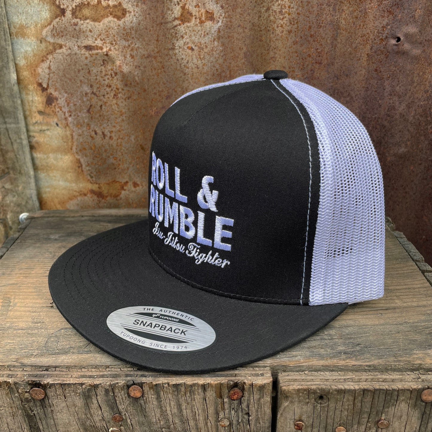 ROLL & RUMBLE Jiu-Jitsu Fighter Hat (black on white with white embroidery) by ROLL & RUMBLE Fight Co.