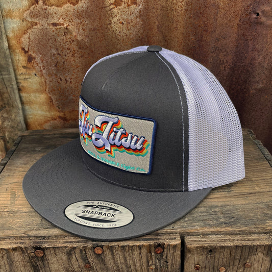 Retro Jiu-Jitsu Hat (gray on white with retro patch) by ROLL & RUMBLE Fight Co.