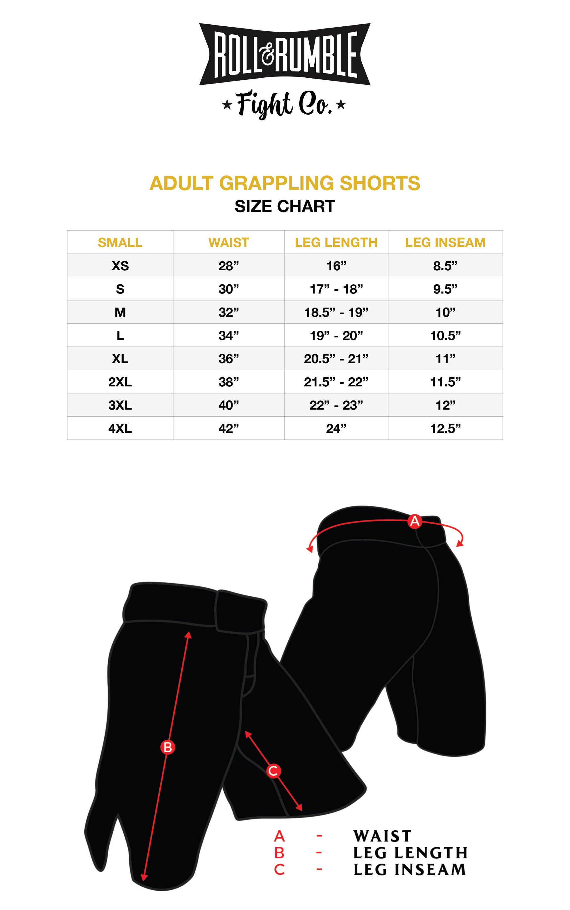 Adult size chart for Jiu Jitsu shorts from ROLL & RUMBLE Fight Co.
