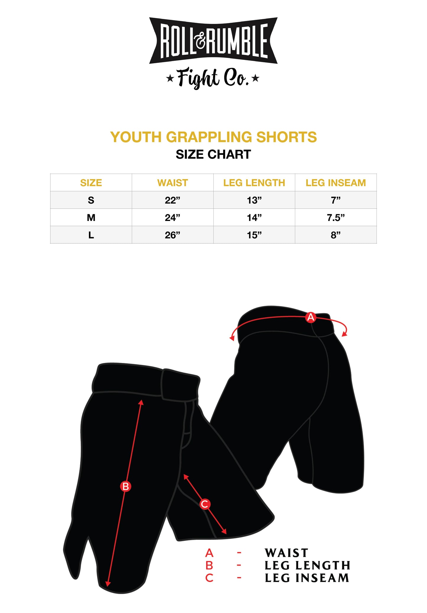 Youth size chart for Jiu Jitsu shorts from ROLL & RUMBLE Fight Co.